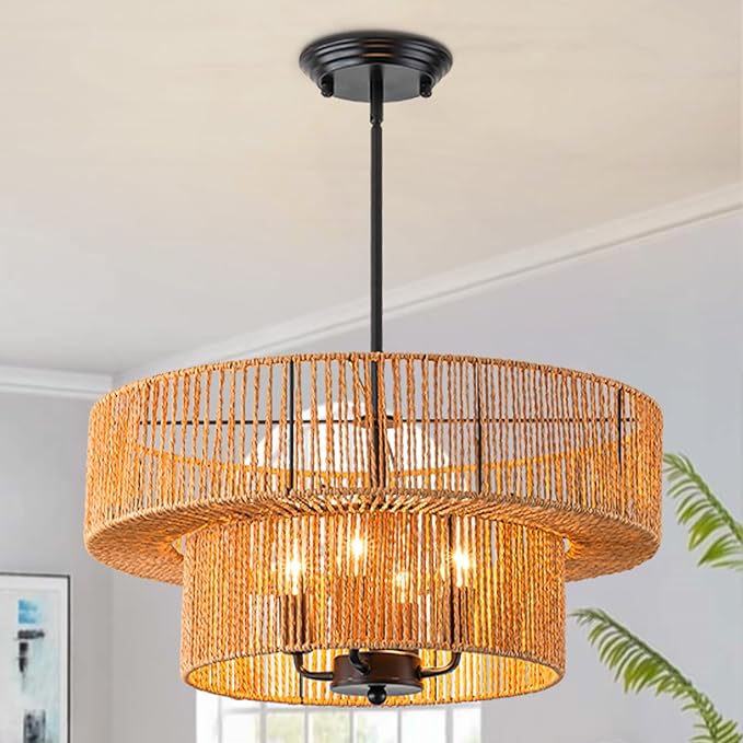 Rattan Pendant Light Boho Wicker Chandelier Kitchen Island Lighting 2-Tier Drum Basket Hanging Light Woven Shade Dinning Room Light Fixture Living Room Bedroom Entrance Farmhouse Chandeliers