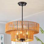 Rattan Pendant Light Boho Wicker Chandelier Kitchen Island Lighting 2-Tier Drum Basket Hanging Light Woven Shade Dinning Room Light Fixture Living Room Bedroom Entrance Farmhouse Chandeliers
