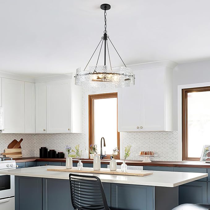 XINGQI Black Chandeliers for Dining Room Modern 8-Light Glass Farmhouse Pendant Lighting Fixtures Round Chandelier for Kitchen Island Living Room Entryway