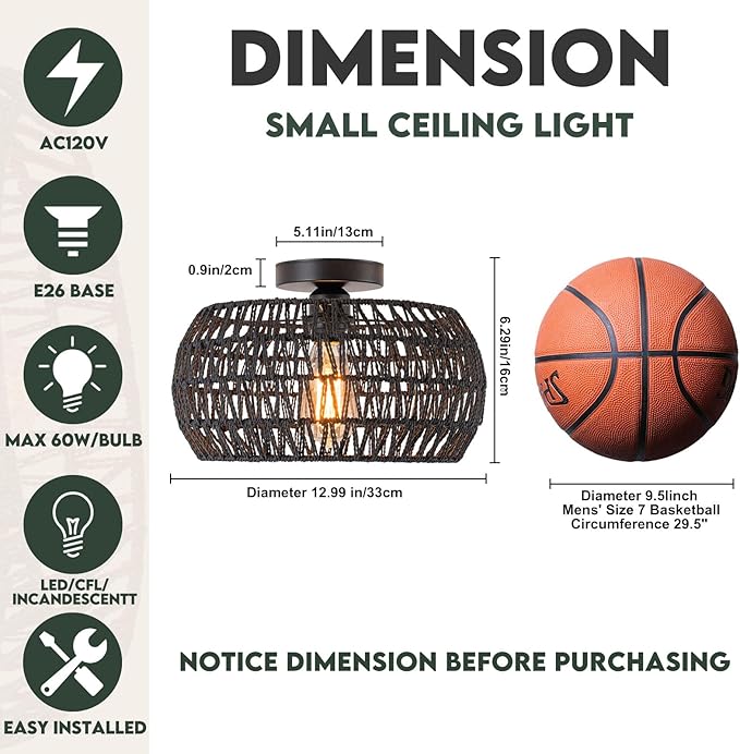Boho Ceiling Lights Fixtures Black Rattan Chandelier Light Small Rattan Flush Mount Ceiling Lighting Hand-Woven Chandelier for Nursery Light Fixture Kitchen Bedroom Hallway