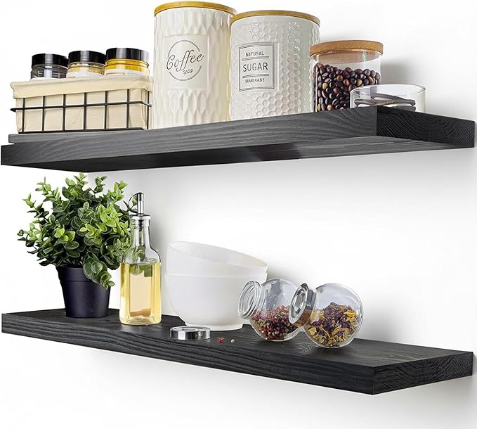 BAOBAB WORKSHOP Solid Wood Floating Shelves for Wall 30 Inches Long, Real Wooden Bathroom Shelf Large, Heavy Duty Wall Shelves Mounted Kitchen Bedroom Farmhouse, Black Shelf, 30W × 6.7D, Set of 2