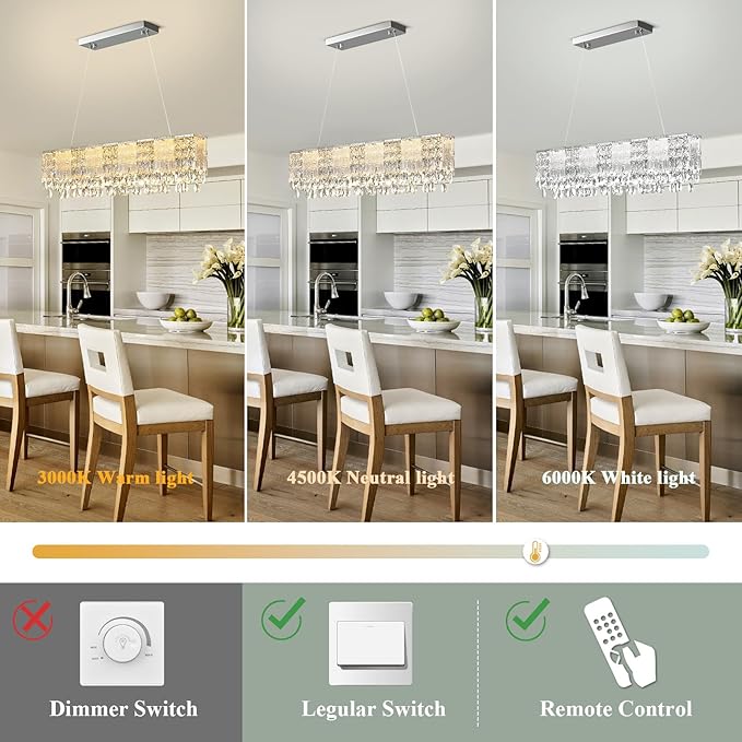 Crystal Linear Chandelier,Modern Rectangular Pendant Light, Glass Chandeliers Elegant Long Bar Hanging Light Fixture for Dining Room, Kitchen Island, Living Room