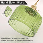Pendant Light with Green Striped Glass Lmapshade, Brass Vintage Pendant Light Adjustable Hanging Light for Kitchen Island Dining Room Hallway