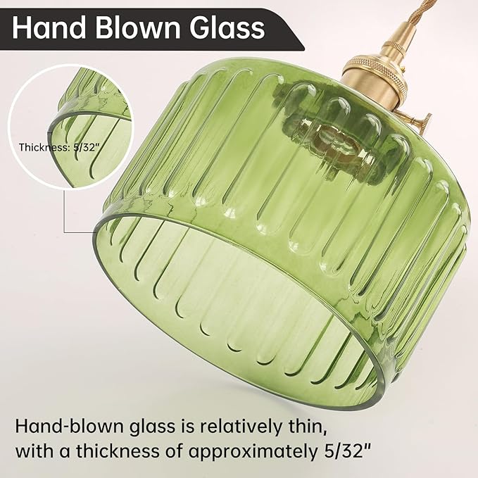 Plug in Pendant Light Hanging Light Fixture Corded On/Off Switch Brass Pendant Light with Green Striped Glass Lampshade for Bedroom Living Room Kitchen Island