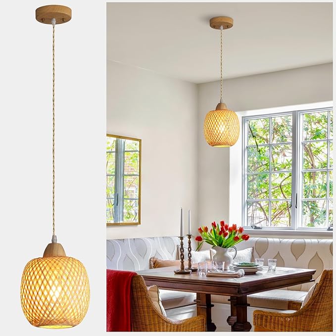 Bamboo Pendant Light Fixture, 1-Light Handmade Woven Pendant Lighting, with Adjustable Rustic Basket, for Kitchen Island Farmhouse Dining Room Living Room, ETL Listed