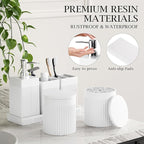 6-Piece White Bathroom Set - Modern Resin Bathroom Accessories Set with Soap Dispenser, Toothbrush Holder, Vanity Tray, Tumbler & Apothecary Jars for Small Spaces