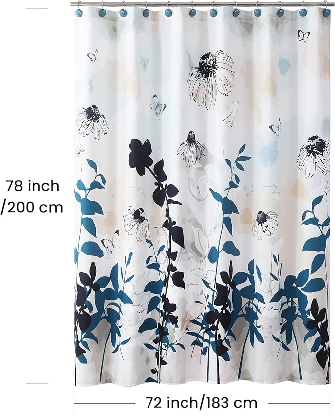 Fabric Shower Curtain 78 Inches Long, Blue Black Beige Watercolor Foral Plant Shower Curtains for Bathroom, Modern Decorative Bathroom Curtains, 72" W x 78" H