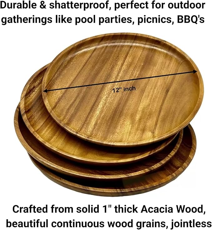 Acacia Wooden Plates – Set of 4, 12” Round Dinner & Charger Plates, Rustic Handcrafted Tableware for Charcuterie, BBQ, Farmhouse Dining, or Gift