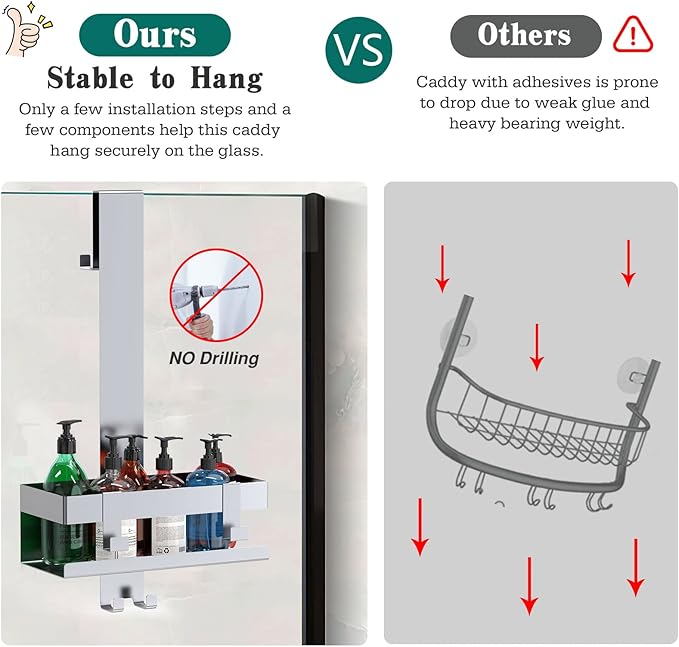 Emibele Over The Door Shower Caddy, 304 Stainless Steel Hanging Shower Caddy Rustproof Shower Shelves,No Drilling Hanging Shower Organizer for Bathroom Glass Door Up to 1.5cm,Basket: 23×10×10cm,Silver