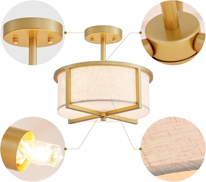 Modern Fabric Drum Chandelier, Semi-Flushmount Close to Ceiling Light Fixture for Living Room, Bedroom, Dining Room, D12 x H9 in, Gold Finish Metal Frame & Linen Fabric Shades