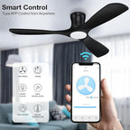 52” Smart Wood Low Profile Ceiling Fan with Lights Remote,Quiet DC Motor,Outdoor Indoor Flush Mount Ceiling Fans Controlled by WIFI Alexa App,Modern Black for Bedroom Living Room Patio Porch