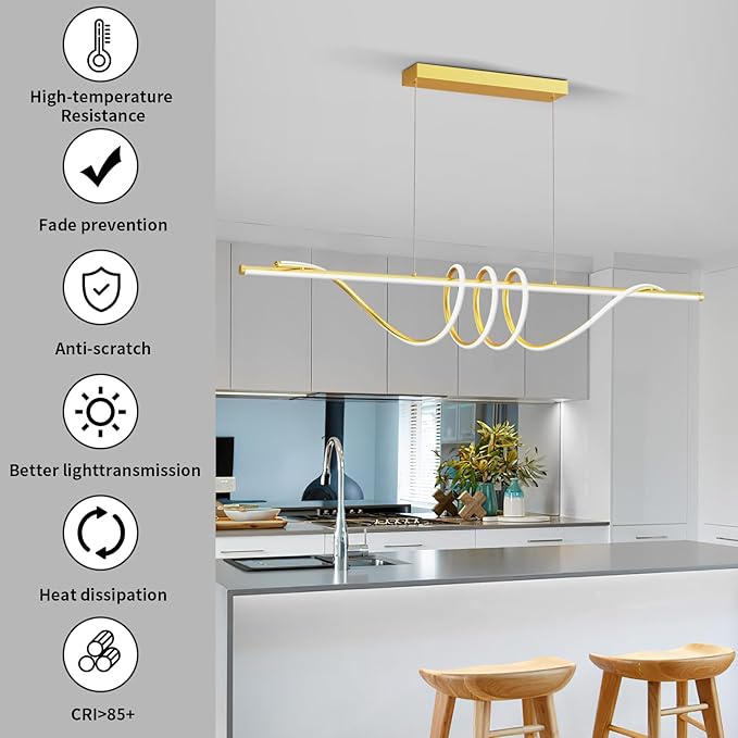 Modern LED Pendant Lights Kitchen Island, 57in Gold Chandelier Dimmable with Remote Control 3000k-6000K Adjustable, Aluminum Island Lighting Lamp Fixture for Kitchen, Dining Room
