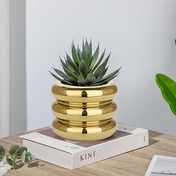 Briful Gold Ceramic Planter Pot with Drainage Hole 6in Polished Tiered Bubble Flower Planter Garden Pot for Indoor Plants Modern Home Office Decor