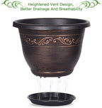 Plastic-Plant-Flower-Planters-10 Inch with Drainage Hole & Saucer, 3 Packs Lightweight Small Resin Flower Pot Indoor Outdoor, Retro Antique Imitation Decorative Garden Containers Sets for Houseplants
