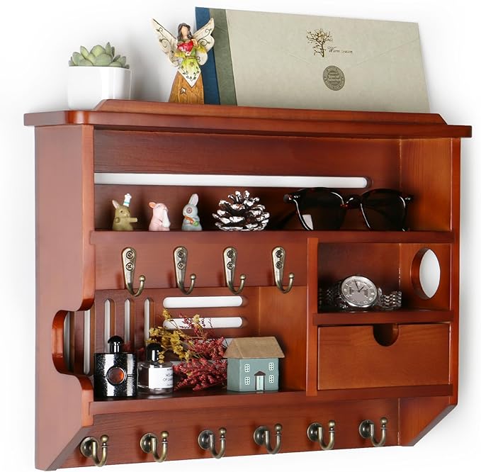 DOPACE Key Holder for Wall, Mail and Key Holder, Mail Organizer Wall Mount with Storage Drawer and 10 Hooks, Easy Installation Keys Holder on Wall, Auburn