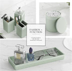 Bathroom Accessories Set, 6-Piece Resin Green Bathroom Set with Toothbrush Holders, Soap Dispenser, Vanity Tray, Tumbler, Cotton Swab Jars, Modern Bathroom Organizer for Small Spaces
