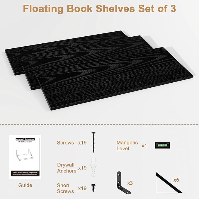 Fun Memories Floating Bookshelves, Set of 3 Wall-Mounted Wood Shelves 24" W x 8" D, Decorative Wall Shelf for Living Room, Bedroom, Bathroom, and Laundry Room (Black)