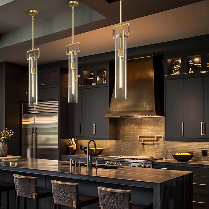 Modern Gold Pendant Light, 21'' Pendant Lights Kitchen Island Large, Adjustable Height Brass Pendant Light Glass Pendant Light Fixtures, for Dinning Room Farmhouse Bedroom Bathroom