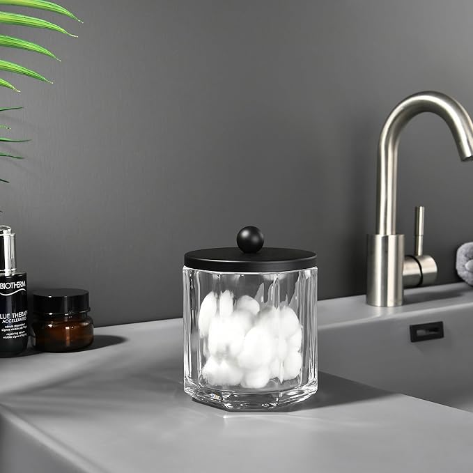 Home Glass Cotton Jar Holder Matte Black Lid, Elegant Bathroom Storage Canister for Qtips, Cotton Balls, Floss, Makeup Organizer, Vanity Bathroom Organization