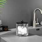 Home Glass Cotton Jar Holder Matte Black Lid, Elegant Bathroom Storage Canister for Qtips, Cotton Balls, Floss, Makeup Organizer, Vanity Bathroom Organization