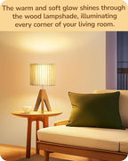 EDISHINE 14.17" Small Table Lamp, Wood Tripod Bedside Lamp, Natural Wood-Colored Hollow & White PVC Shade, E26 Base, Boho Nightstand Lamp for Bedroom, Living Room, Office, Study