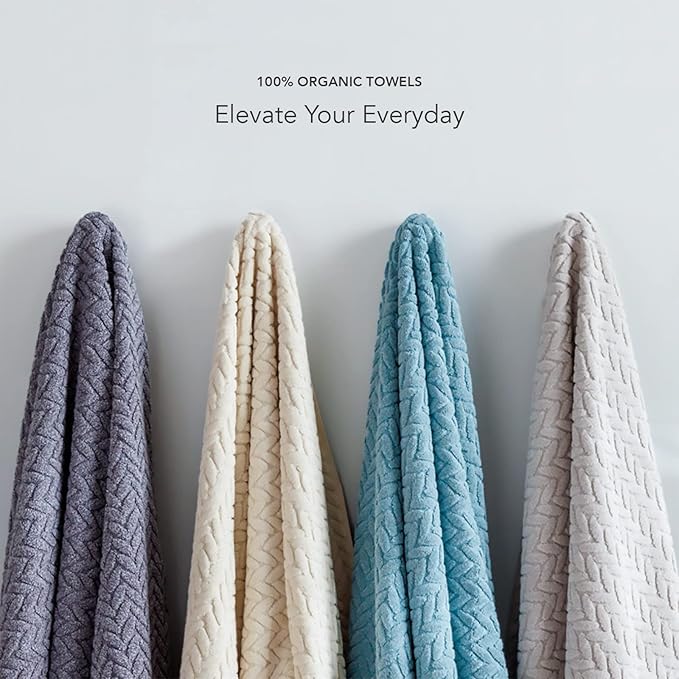 Texere 100% Organic Cotton Jacquard 650 GSM Premium Bath Towel Sets - Extra Absorbent Quick Dry and Plush, 2 Large Bath Towels, 2 Hand Towels, 2 Washcloths (Cable, Estate Blue, 6 Piece)