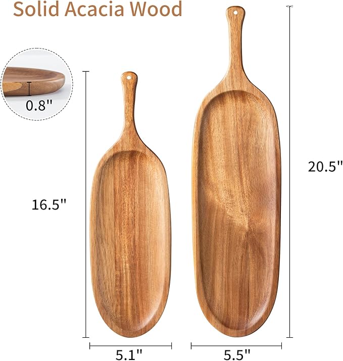Wooden Serving Tray with Handle 2pcs Serving Plates for Meal Christmas Dinner Plates Wood Cheese Charcuterie Board for Food Meat Acacia Wood Platers for Bread Appetizer Snack(20.5" and 16.5")
