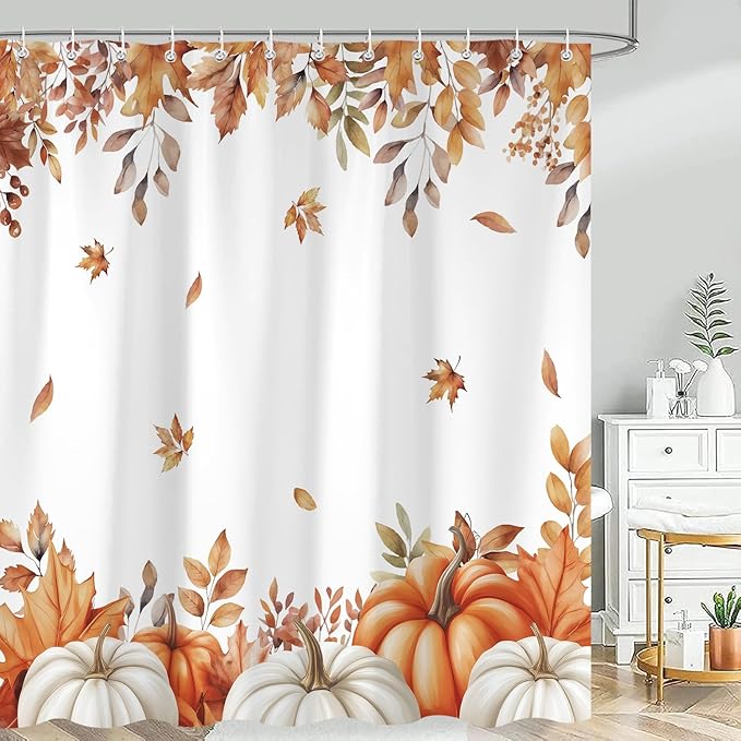 Fall Pumpkins Shower Curtain, Autumn Maple Leaf Leaves Harvest Thanksgiving Farmhouse Bathr Curtains Set,Waterproof Fabric Bathroom Curtains Decor 72 X 72 Inch