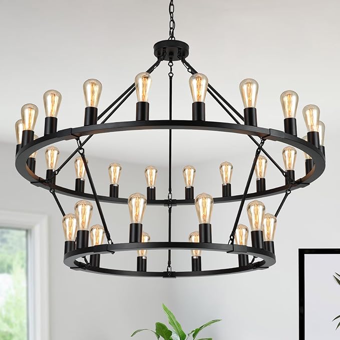 2 Tier Wagon Wheel Chandelier | 30-Lights 48 Inch Extra Large Chandeliers for High Ceilings | Black Wagon Wheel Light Fixture for Foyer | Entryway | Living Room