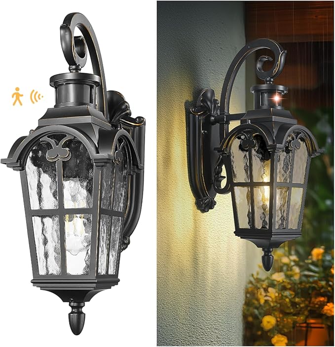 Emliviar Motion Sensor Outdoor Wall Light, Porch Wall Lamp with Water Glass, 18.7" Waterproof Exterior Sconce Wall Mount, Black Finish with Gold Edges, WE305B-SE BG-SW