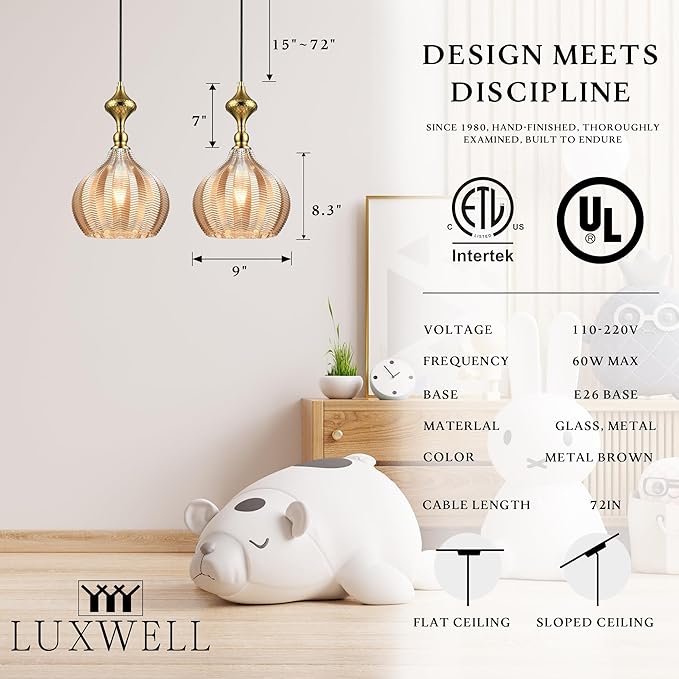 Modern Glass Pendant Light, 9"x15.3" Amber Sunset-Striped Hanging Fixture with Gold Cap, 15"-72" Adjustable Line, E26 Socket for Entryway or Bar Area – Sunset Gold Chalice