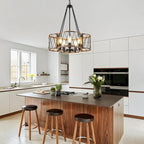 20.8'' Farmhouse Chandeliers for Dining Room, 5-Light Rustic Chandelier Wood Grain Metal Round Hanging Light Fixture, Vintage Drum Pendant Lights for Living Room, Bedroom, Kitchen, Entryway