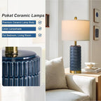 PoKat Touch Bedside Table Lamps with USB Ports for Bedroom, 25'' Dimmable Nightstand Touch Lamps for Living Room, Blue Ceramic Lamps with Gold Base for Night Stands Bedroom, Nursery, Dark Blue