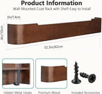Coat Rack Wall Mount with Hidden Hooks Entryway Hanging Shelf Modern Wood Coat Hanger for Bedroom Kitchen Hallway Bathroom (Walnut,32.7 Inch Long)