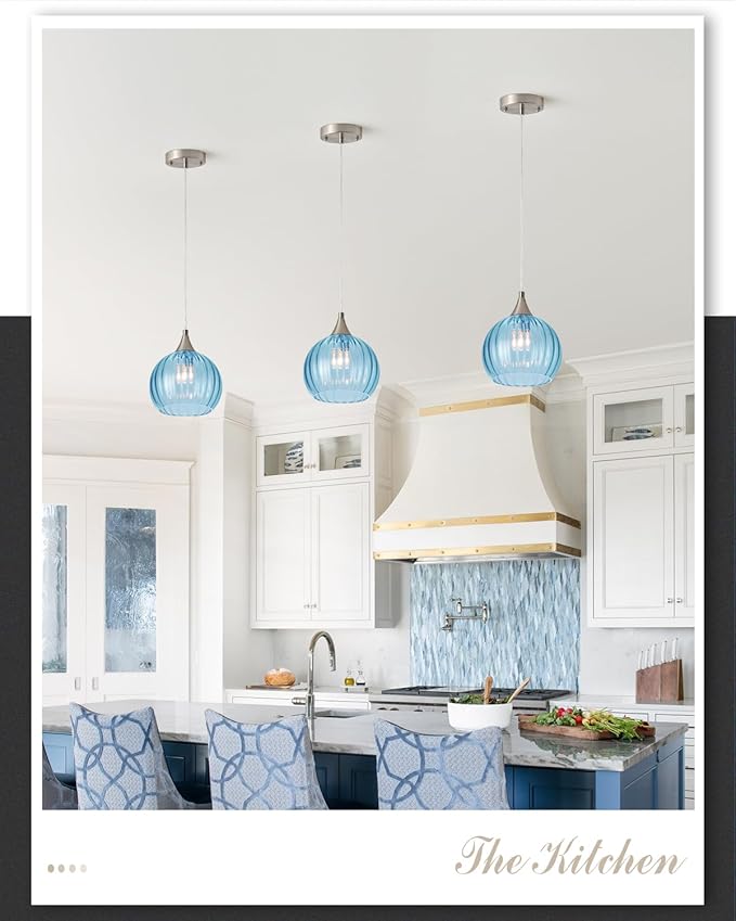 Brushed Nickel Pendant Lights Kitchen Island, Globe Pendant Light Fixtures with 8 Inch Clear Glass Shade, Modern Hanging Light Fixtures for Kitchen, Bedroom (2 Pack - Blue Glass Pendant Light)