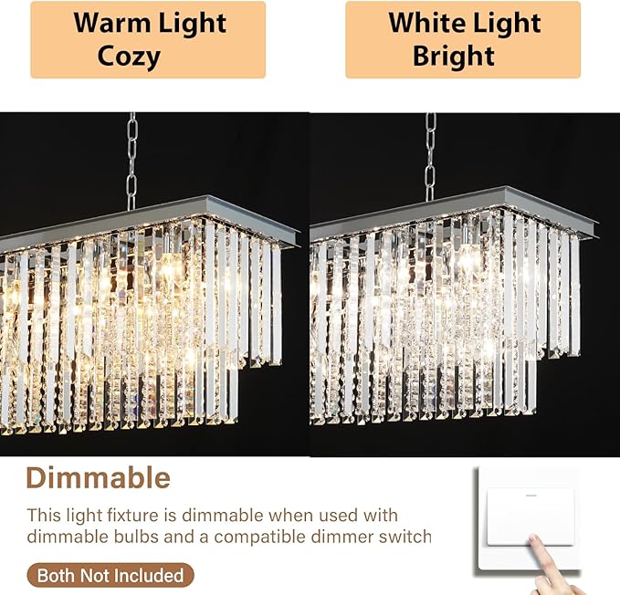 Modern Dining Room Chandelier Luxury Rectangular Chrome Crystal Chandelier Over Table, Linear Lighting Fixture for Living Room, Bedroom, Kitchen Island, Pool Table(L55 Inch)