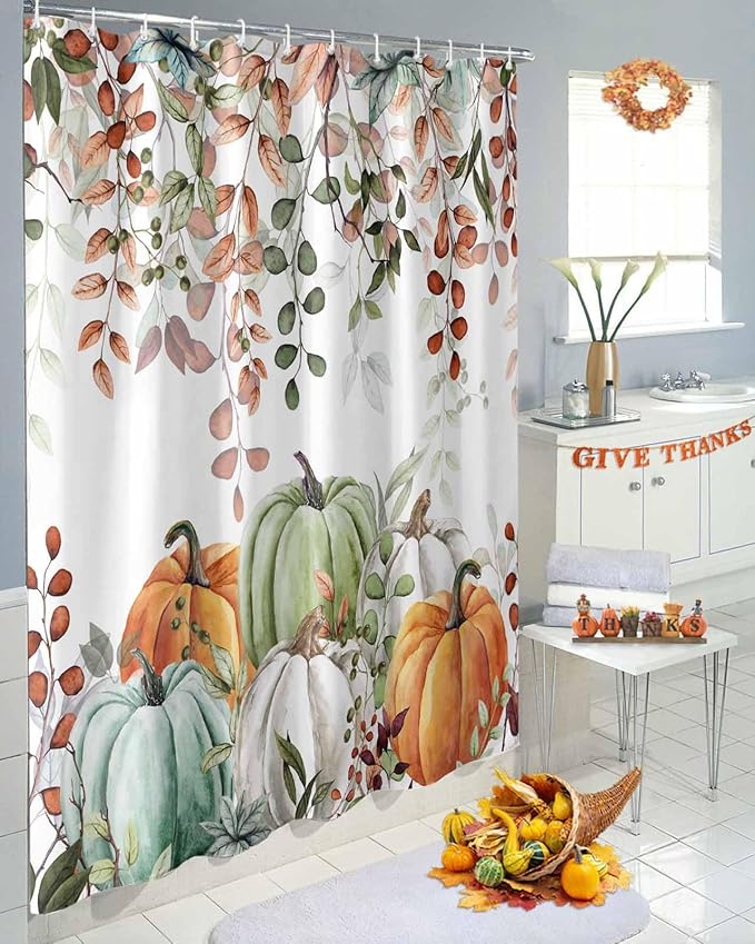 Fall Thanksgiving Shower Curtain, Autumn Pumpkins Eucalyptus Leaves Shower Curtains Set with Hooks, Blue Sage Green Orange Waterproof Fabric Bathroom Curtains Decor Accessories, Stall Long 36 X 78