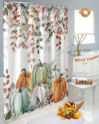 Fall Thanksgiving Shower Curtain, Autumn Pumpkins Eucalyptus Leaves Shower Curtains Set with Hooks, Blue Sage Green Orange Waterproof Fabric Bathroom Curtains Decor Home Accessories, 60 X 72 Inch Long