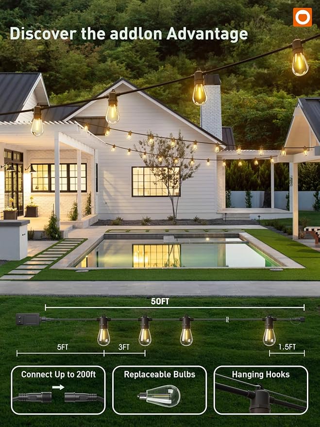 addlon 50FT LED Outdoor String Lights, Remote Dimmable Patio Lights with Timer & 3 Lighting Modes, 16 Shatterproof Edison Bulbs, Waterproof Connectable String Lights for Outside Backyard Party Décor