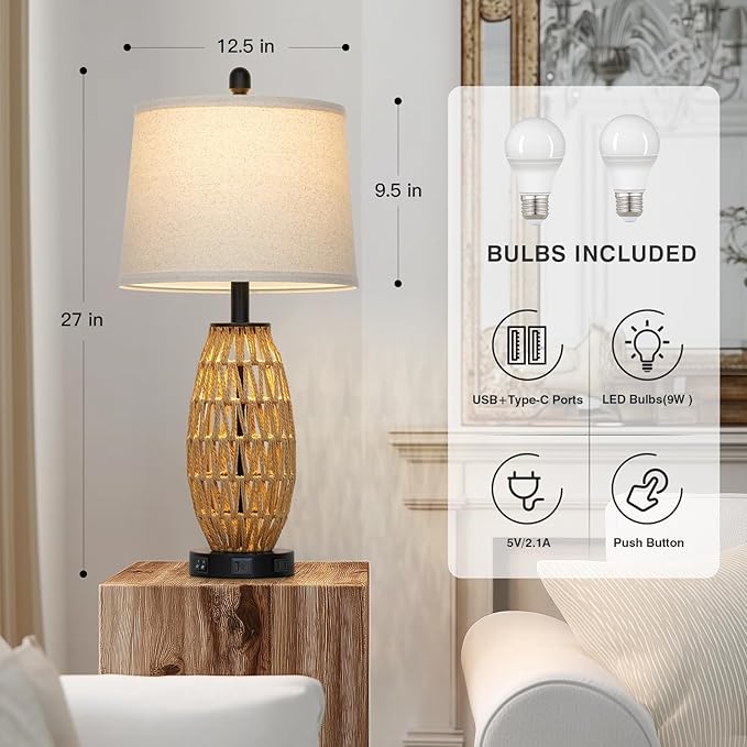 27" Boho Rattan Table Lamp Single, Wicker Bedroom Lamp with Night Light, Woven Coastal Bedside Lamps for Nightstand with USB A+C Charging Port & AC Outlet, Farmhouse Lamps for Living Room