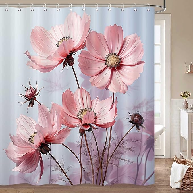 Floral Shower Curtain, Pink Flower Shower Curtains for Bathroom, Rustic Plant Chic Bathroom Decor Washable Durable Fabric Set with Hooks 72x72 Inch