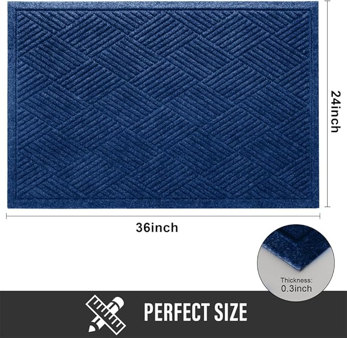 Sturdy Front Door Mat, Absorbent Muddy Dirt Resist Welcome Door Mats Outdoor Indoor, Stain and Fade Resistant, Non-Slip Rubber Backing Low Profile Doormat for Entryway, 36×24, Blue