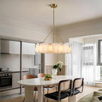 Round Alabaster Chandelier, 32in Spanish Marble Chandeliers for Dining Room, Alabaster Modern Chandeliers for Living Room, Adjustable Gold Chandelier for Bedroom, Bathroom, Kitchen, Foyer, Entryway