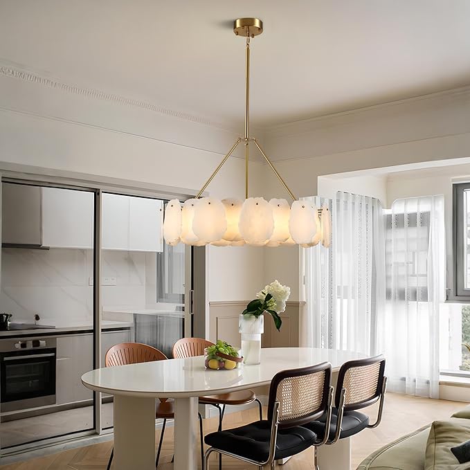 Round Alabaster Chandelier, 32in Spanish Marble Chandeliers for Dining Room, Alabaster Modern Chandeliers for Living Room, Adjustable Gold Chandelier for Bedroom, Bathroom, Kitchen, Foyer, Entryway