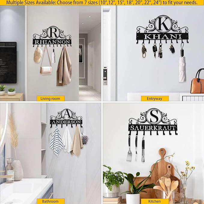 10" Custom Metal Key Rack Hooks, Personalized Key Holder for Wall,Name Background Letter Theme Wall Decoration Key Hooks, Key Hanger Organizer for Living Room, Entryway, Bathroom, Kitchen Decor