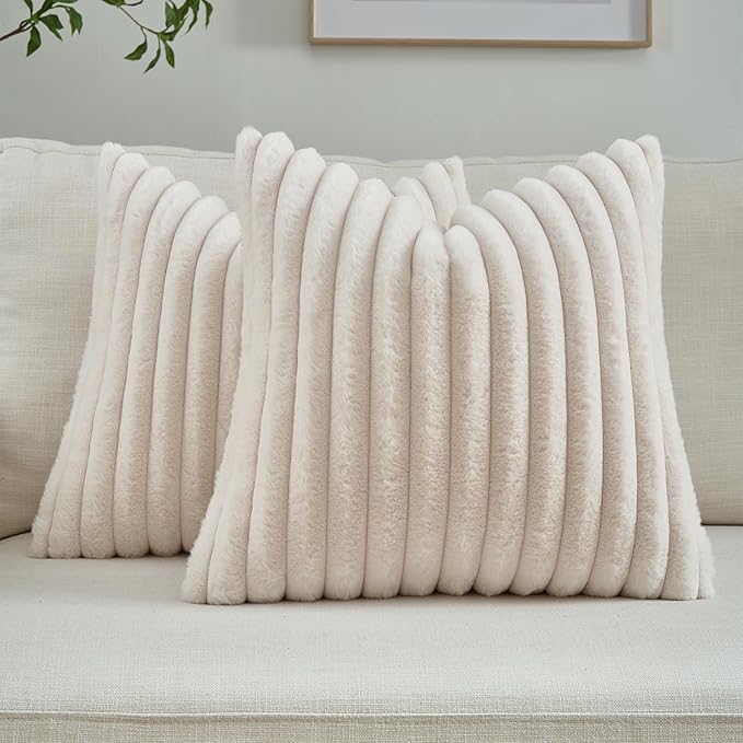 FUTEI Beige Striped Decorative Throw Pillow Covers 22x22 Inch Set of 2,Square Spring Decorations Couch Pillow Case,Soft Cozy Faux Rabbit Fur & Velvet Back,Modern Home Decor for Bed