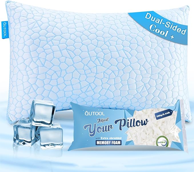 QUTOOL Cooling Pillows for Sleeping,Shredded Memory Foam Pillows King Size Set of 1,Adjustable Soft & Firm Gel Bed Pillow for Side, Back, Stomach Sleepers