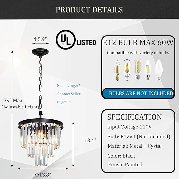 Black Crystal Chandeliers for Dining Room, 3-Tier 4 Lights Modern Chandelier Contemporary Luxury Top K9 Crystal Ceiling Pendant Light Fixture for Foyer Kitchen Bedroom Closet 14"