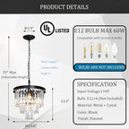 Black Crystal Chandeliers for Dining Room, 3-Tier 4 Lights Modern Chandelier Contemporary Luxury Top K9 Crystal Ceiling Pendant Light Fixture for Foyer Kitchen Bedroom Closet 14"