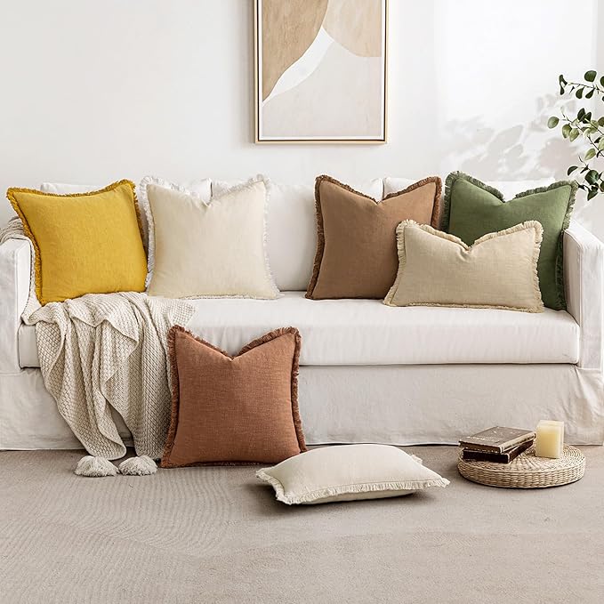 MIULEE Decorative Throw Pillow Covers Neutral Linen Fringe Throw Pillows Euro Shams Set of 2 Mustard Yellow Boho Farmhouse Cushion Covers for Couch Sofa Bed Living Room Spring Home Decor 24x24 Inch